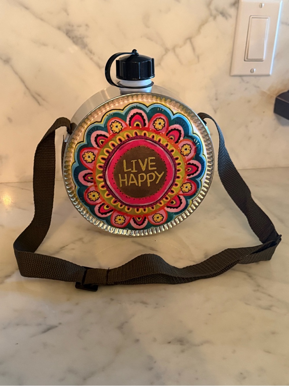 Natural Life Live Happy Round Floral Water Bottle/Canteen Crossbody- Multicolor